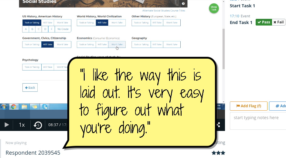 Screenshot of usability test done in Validately.com, with a user quote of 'I like the way this is laid out. It's very easy to figure out what you're doing.'