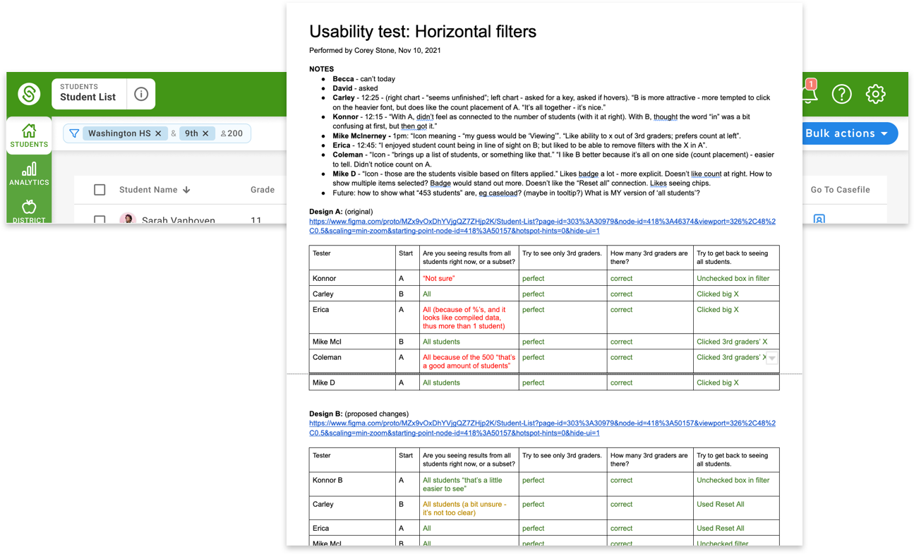 Screenshot of part of the Figma prototype with the test results Google Doc overlaid.