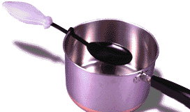 Image 1: Covered pot with the utensil resting in it; the lid still sealed; Image 2:  Uncovered pot with the utensil resting against the side.