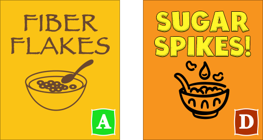Illustration of two cereal boxes with A and D food grade labels on their front lower right corner.