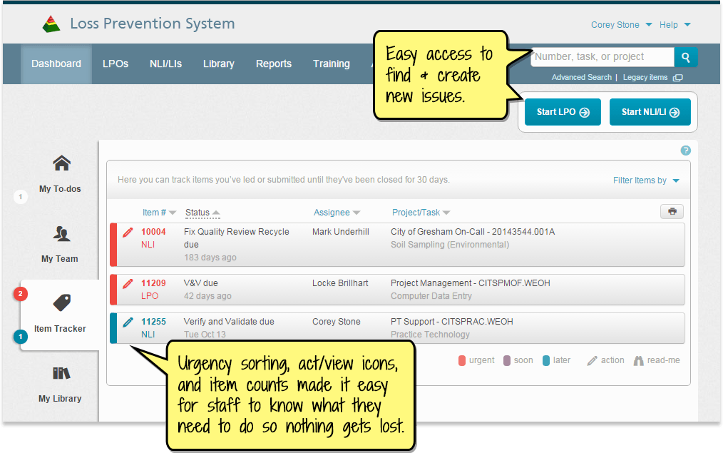 Screenshot of the Item Tracker tab of the Health and Safety application's home page.