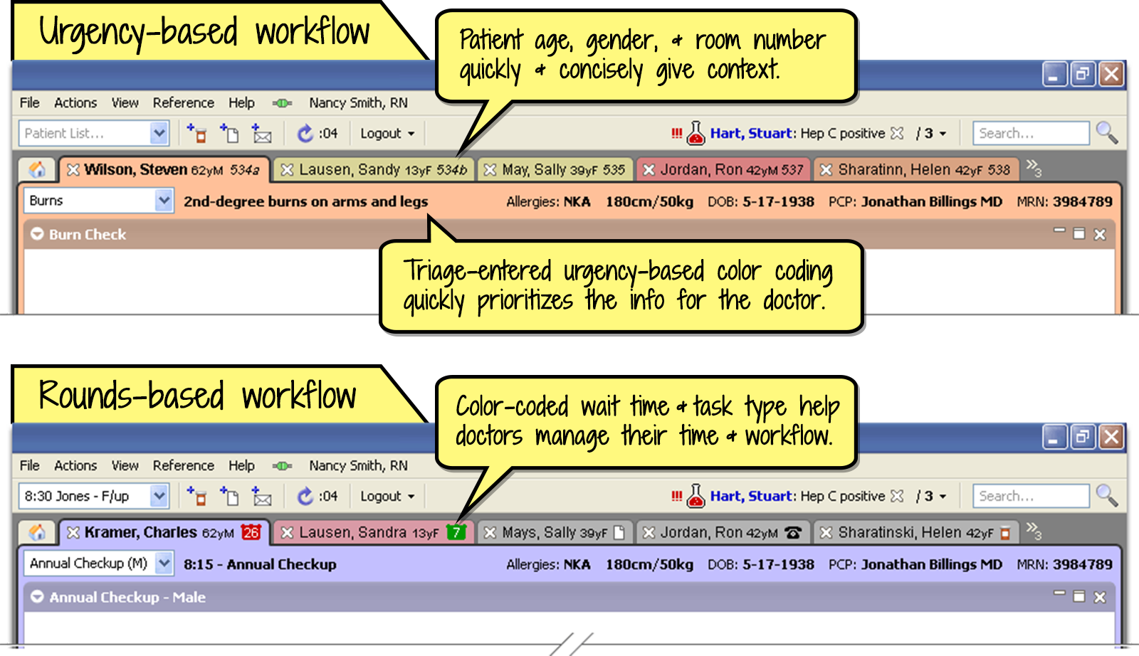 Mockups of an urgency-based and rounds-based navigation for a patient chart application.