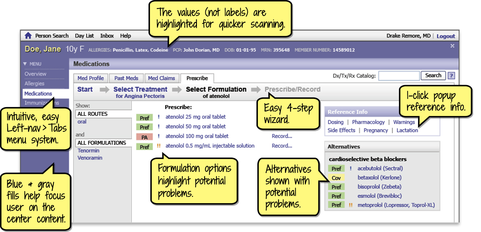 Screenshot of one step of the doctor's medication-prescribing process.