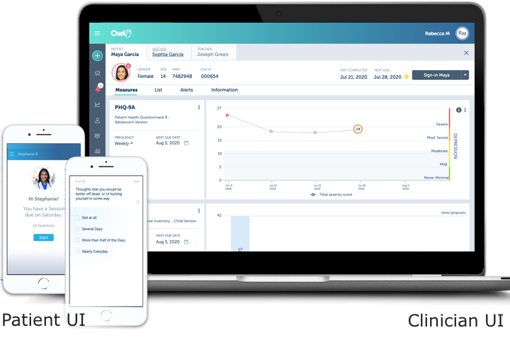 Screenshots of the clinician UI and responsive patient UI for a mental health-tracking SaaS application.