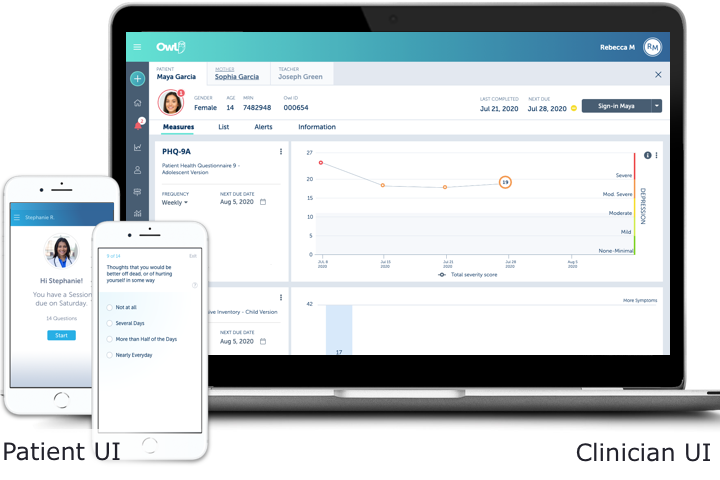 Screenshots from both the clinician portal and responsive patient portal.